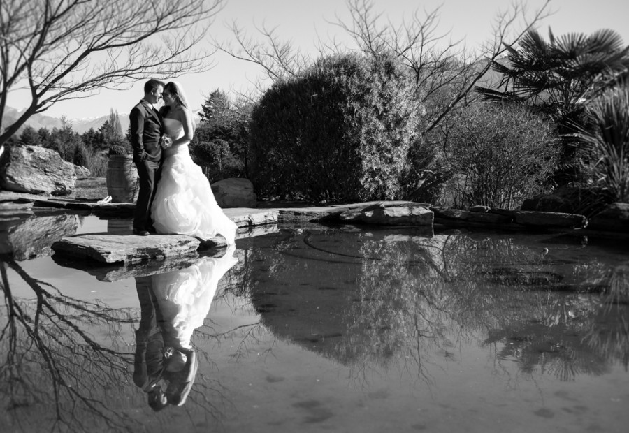 Reflection of Nathan and Talitha at Chapel by the lake, Queenstown