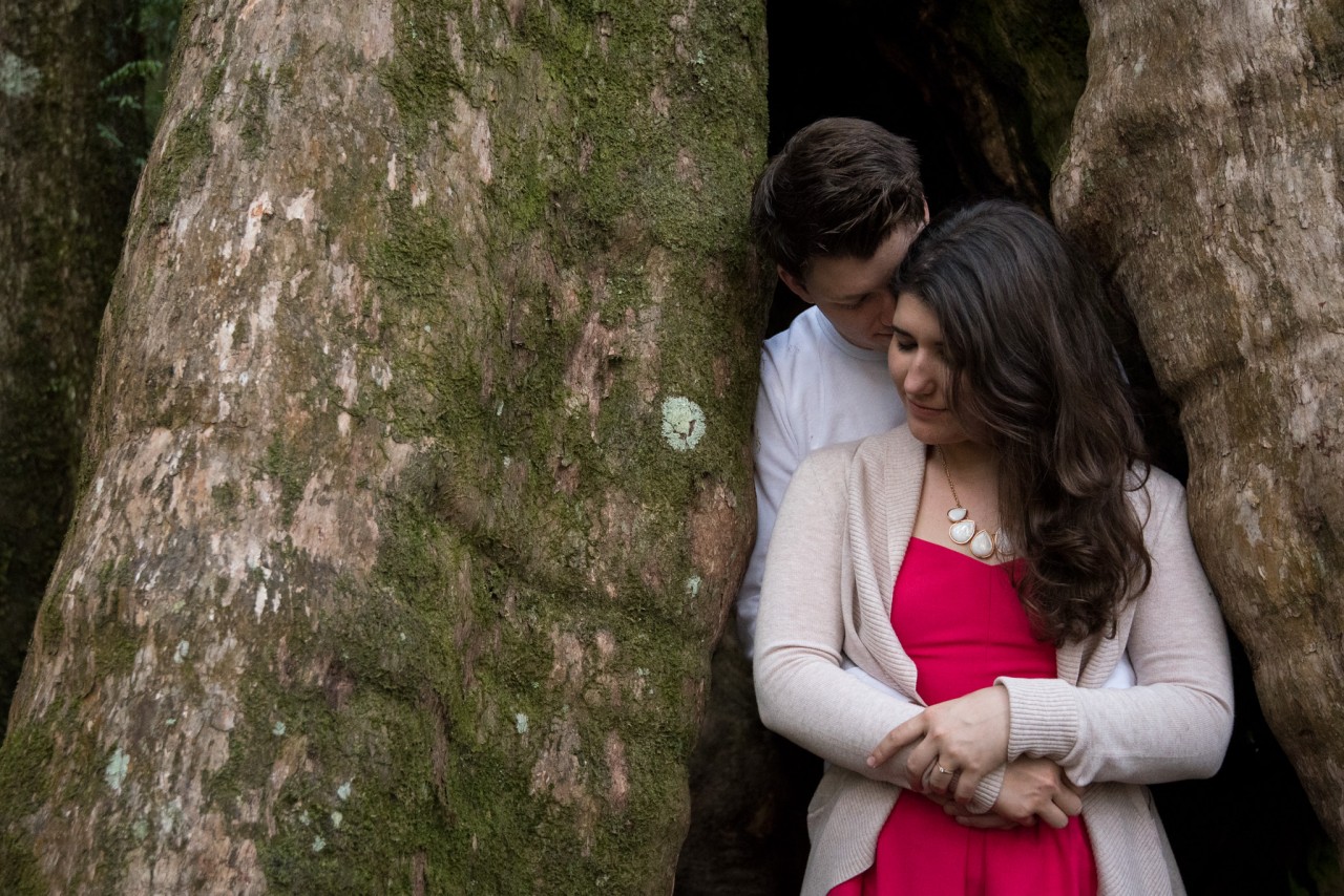 Brendana and Talitha leaning into a tree for their Cunninghams Gap Engagement