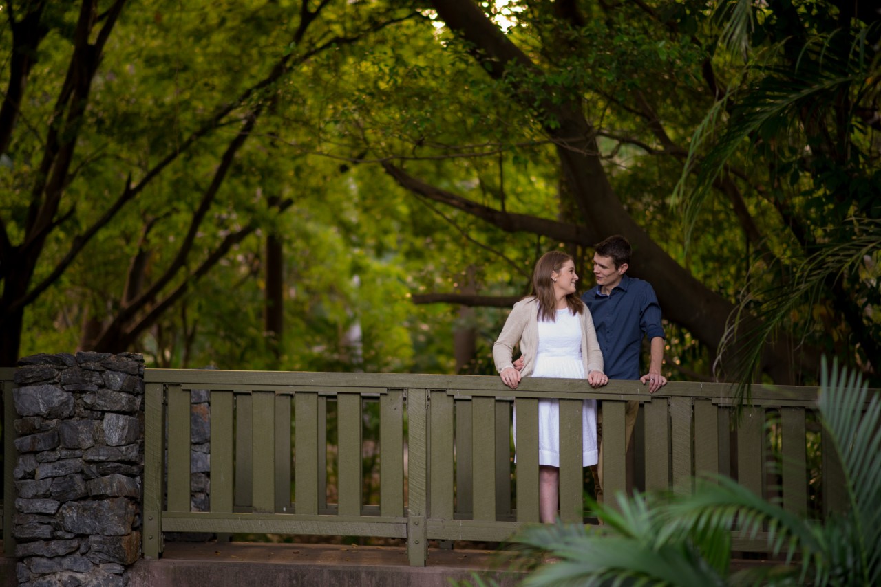 Nicholas and Theresa standing on a bridge at Mt Coot-Tha Botanical Gardens