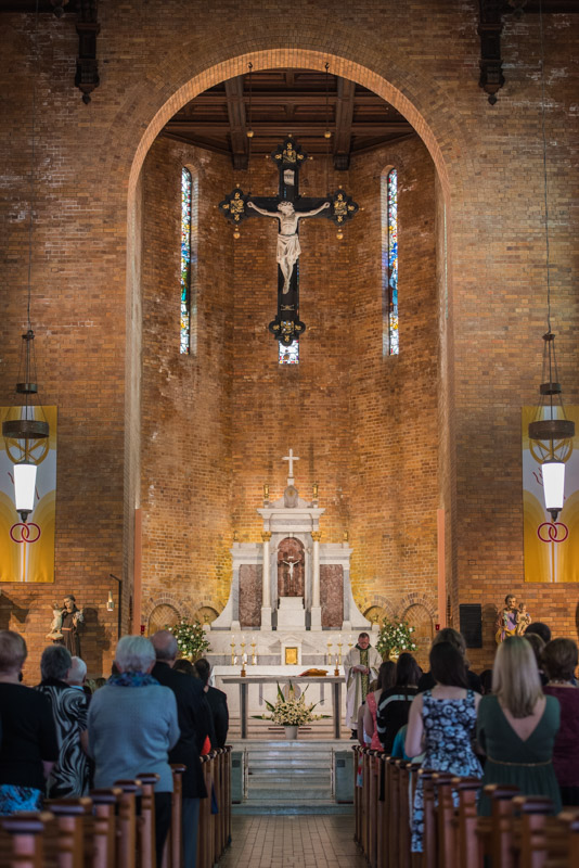 A full length view of the cross and alter at St Brigid's Church, Red Hill