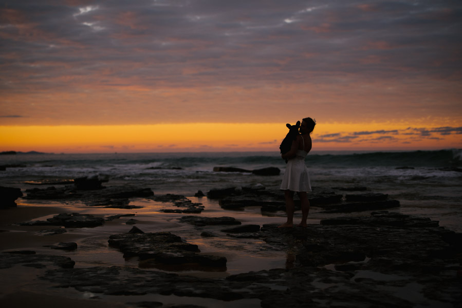 Jess and Boo against a Mooloolaba beach sunset backdrop